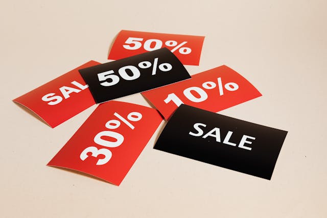 SALE signs, from 10% to 50%